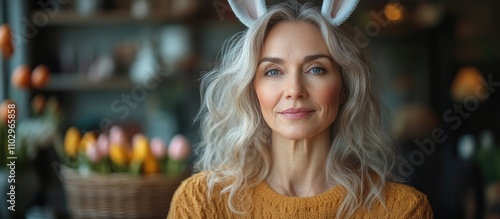 Wallpaper Mural Mature woman in bunny ears smiling with an Easter basket and spring flowers in a warm and inviting indoor setting Torontodigital.ca