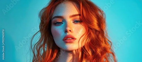 Young woman with long wavy red hair and makeup posing against a vibrant blue studio backdrop showcasing beauty and confidence