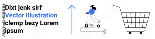 Woman rides electric scooter alongside large shopping cart, with upward arrow indicating growth. Ideal for e-commerce, mobility, transportation, technology, retail trends, eco-friendly topics. Banner