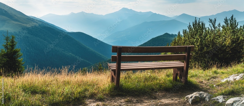 Isolated wooden bench overlooking a serene mountain landscape with soft light and lush greenery in the foreground. Ideal for nature and relaxation themes. Isolated wooden bench overlooking a serene mountain landscape with soft light and lush greenery in the foreground. Ideal for nature and relaxation themes.