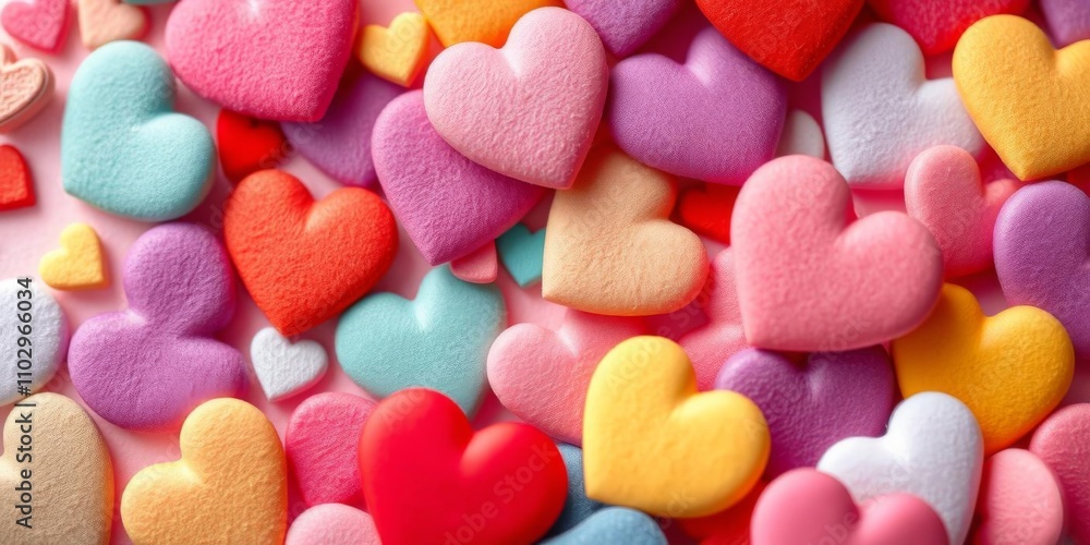 Fototapeta premium Close up of multiple hearts on pink background with focus on hearts in center, delicate, bright