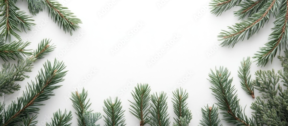 Pine branches framing a blank white background for seasonal and nature-themed designs Pine branches framing a blank white background for seasonal and nature-themed designs