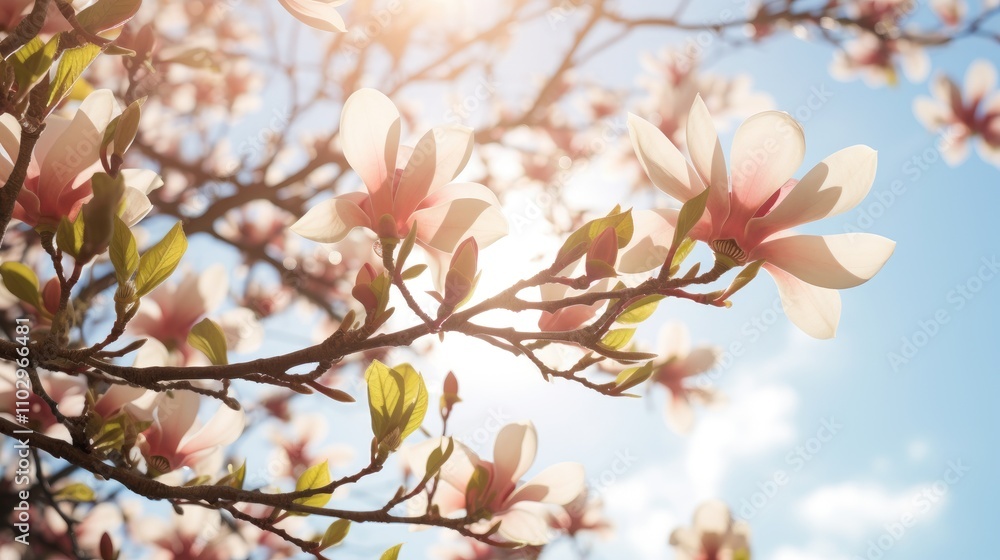 Magnolia tree branches with delicate flowers illuminated by sunlight against a clear blue sky creating a serene natural scene Magnolia tree branches with delicate flowers illuminated by sunlight against a clear blue sky creating a serene natural scene