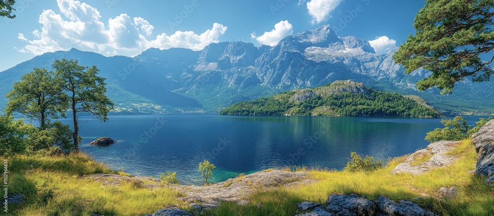 Panoramic view of serene mountains and a tranquil lake under a bright summer sky with lush greenery in the foreground. Panoramic view of serene mountains and a tranquil lake under a bright summer sky with lush greenery in the foreground.
