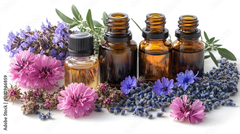 Essential oils and extracts with pink cornflowers and herbs on a white background for wellness, beauty, and natural remedy themes Essential oils and extracts with pink cornflowers and herbs on a white background for wellness, beauty, and natural remedy themes