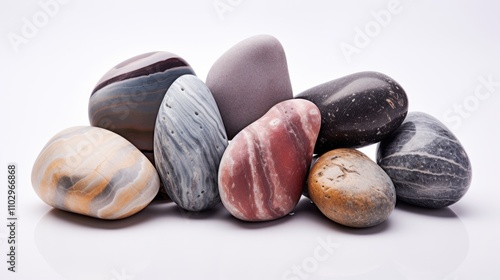 Colorful wet sea stones arranged aesthetically on a reflective white background showcasing natural textures and patterns. photo