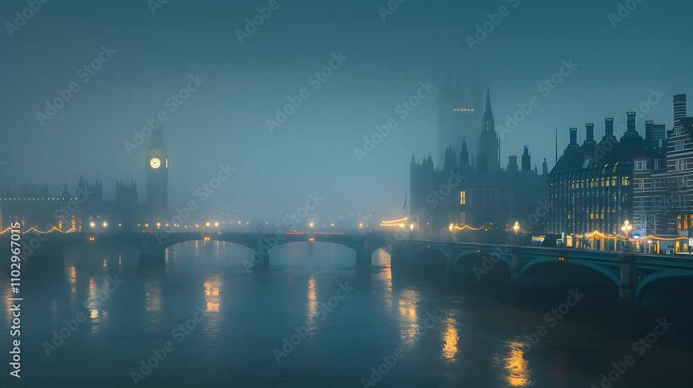 Obraz premium Foggy London Skyline at Night Featuring Big Ben and Parliament