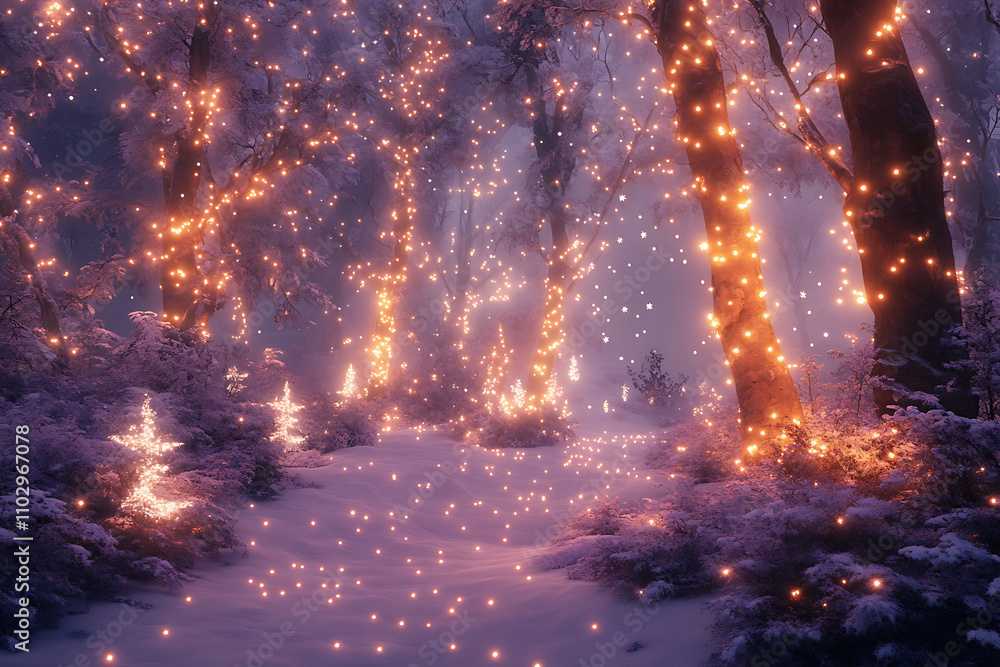 A magical snowy forest with glowing fairy lights, frosted trees, and a serene winter atmosphere, perfect for holiday and New Year themes A magical snowy forest with glowing fairy lights, frosted trees, and a serene winter atmosphere, perfect for holiday and New Year themes