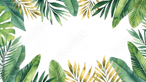 Watercolor vector banner tropical leaves isolated on a white background. Green leaves border watercolor. Fresh green leaves frame. Tropical leaves foliage plant bush floral arrangement nature