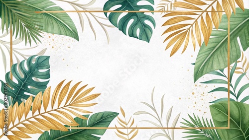 Watercolor vector banner tropical leaves isolated on a white background. Green leaves border watercolor. Fresh green leaves frame. Tropical leaves foliage plant bush floral arrangement nature