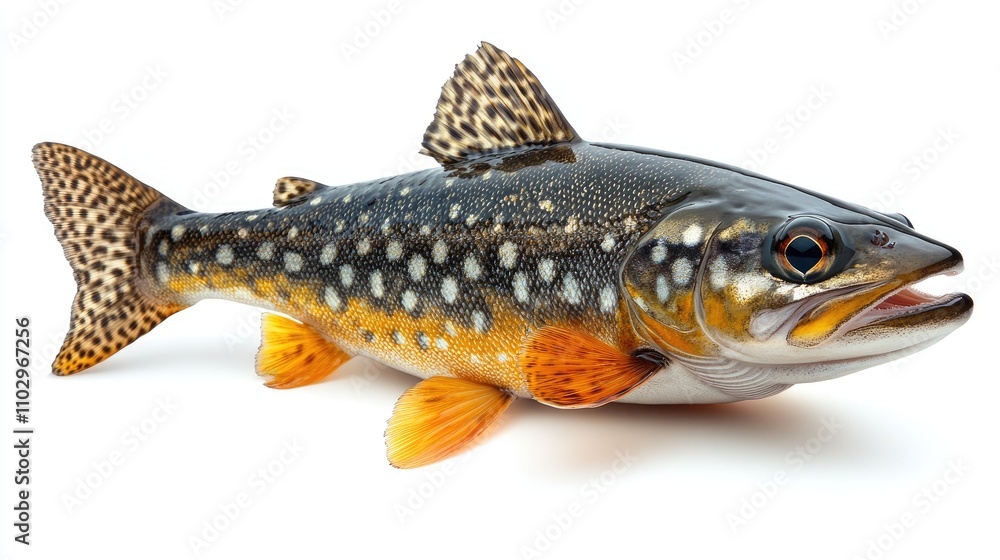 Colorful trout fish displayed on a bright white background emphasizing its vibrant scales and distinct patterns Colorful trout fish displayed on a bright white background emphasizing its vibrant scales and distinct patterns
