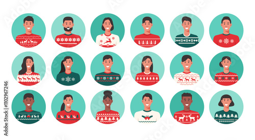People portraits of smile men and women in Christmas sweater pattern, face avatars isolated at round icons set, vector flat illustration design