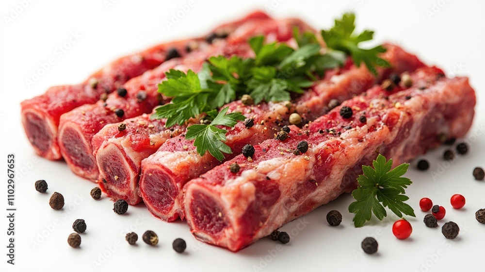 Fresh pork neck chops garnished with parsley and peppercorns on a white background showcasing quality meat for culinary presentation. Fresh pork neck chops garnished with parsley and peppercorns on a white background showcasing quality meat for culinary presentation.