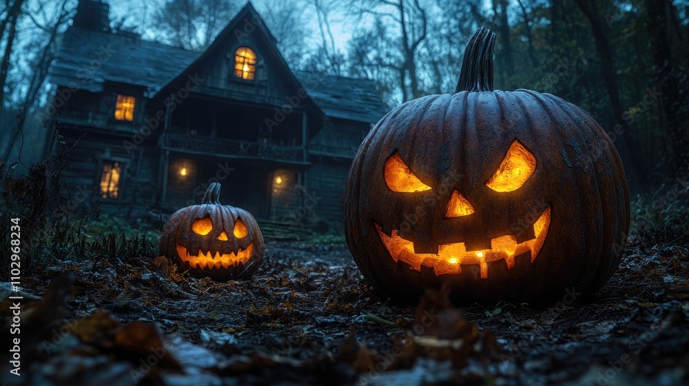 Fototapeta premium Spooky Halloween pumpkins glowing in the dark surrounded by leaves near a haunted house creating an eerie festive atmosphere