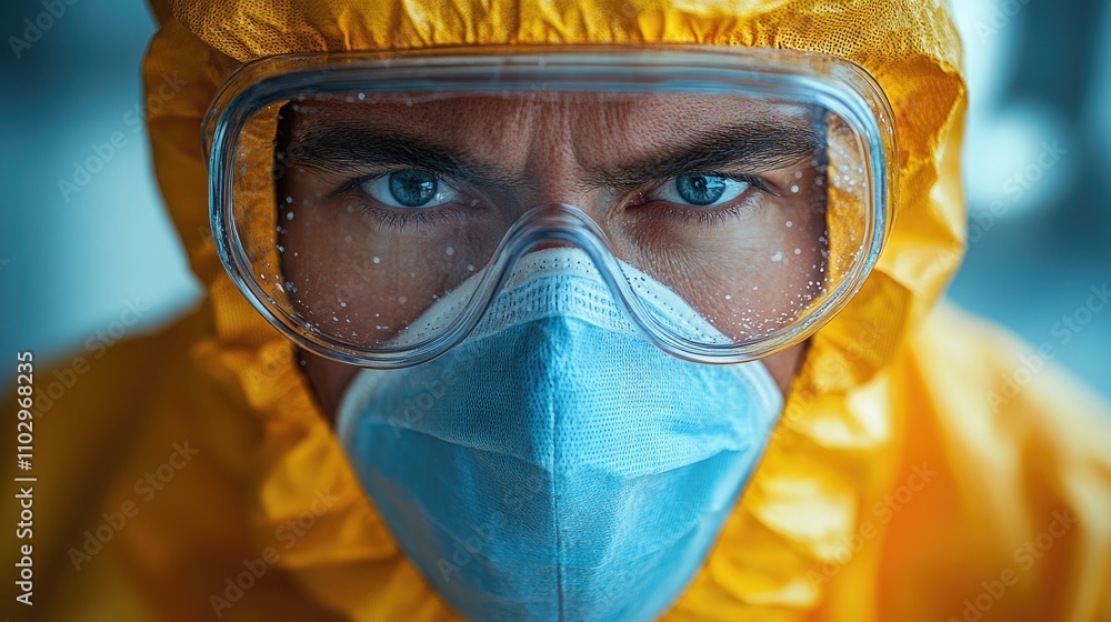 Man in protective gear with goggles and mask looking directly at camera showcasing safety measures and health precautions Man in protective gear with goggles and mask looking directly at camera showcasing safety measures and health precautions