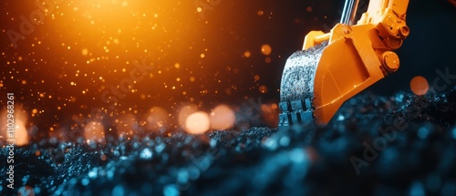 Heavy construction machinery: excavator arm digging in sparkling gravel at sunset