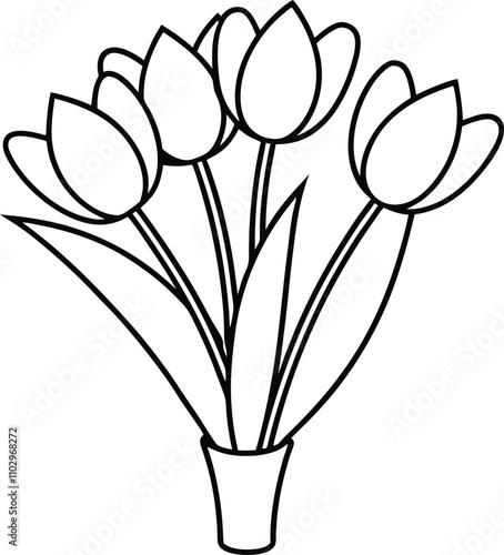 Simple Line Drawing of a Bouquet of Tulips in a Vase