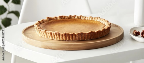 Pumpkin pie on wooden tray elegantly displayed on white table with minimalist decor and background featuring a chair and greenery. photo