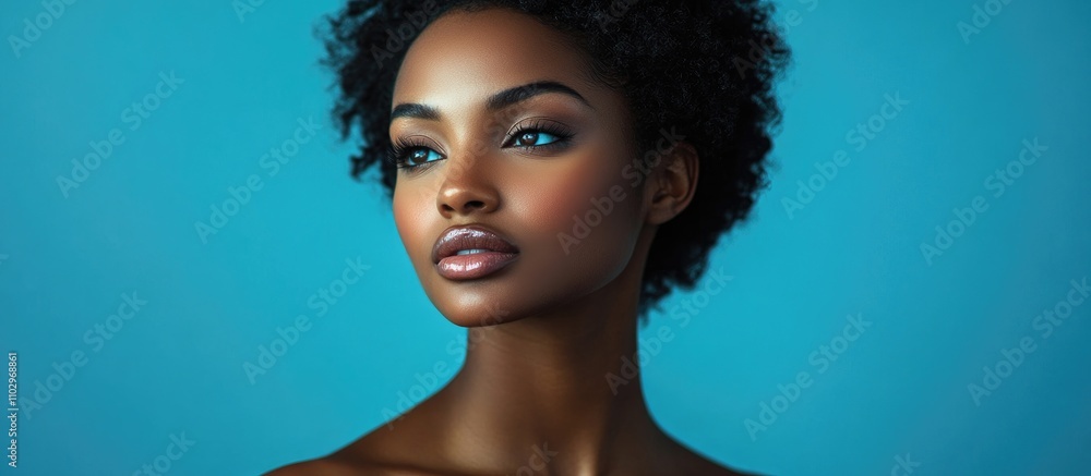 Elegant portrait of a woman with bare shoulders against a serene blue background showcasing natural beauty and graceful features. Elegant portrait of a woman with bare shoulders against a serene blue background showcasing natural beauty and graceful features.