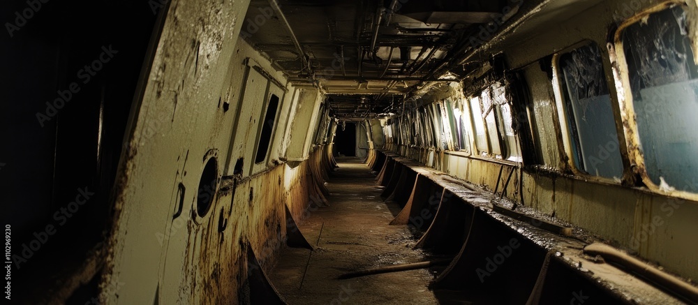 Abandoned interior of a dilapidated ship showcasing rust and decay in a dimly lit corridor Abandoned interior of a dilapidated ship showcasing rust and decay in a dimly lit corridor