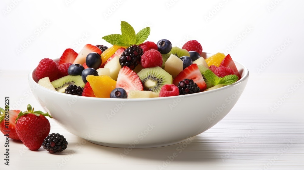 Fresh fruit salad in a white bowl garnished with mint leaves on a bright backdrop perfect for a healthy summer meal or snack Fresh fruit salad in a white bowl garnished with mint leaves on a bright backdrop perfect for a healthy summer meal or snack