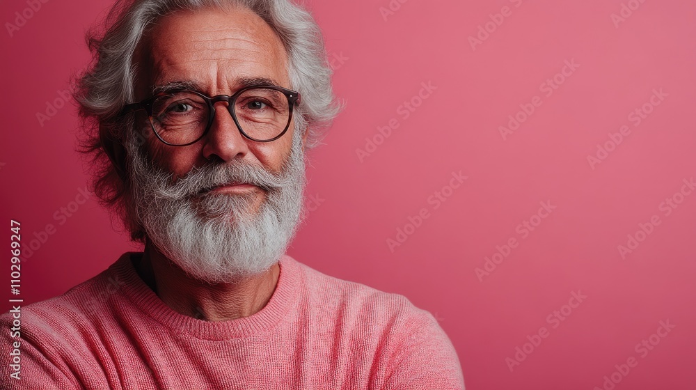 Senior man in stylish glasses with a beard wearing a pink sweater against a bright pink background conveying wisdom and experience. Senior man in stylish glasses with a beard wearing a pink sweater against a bright pink background conveying wisdom and experience.