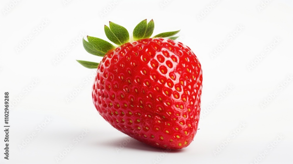 Ripe red strawberry with green leaves on a white background showcasing its vibrant color and texture for fresh food marketing. Ripe red strawberry with green leaves on a white background showcasing its vibrant color and texture for fresh food marketing.