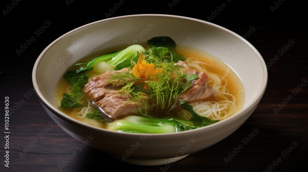Pork rib soup with winter melon broth garnished with fresh herbs and vegetables in a bowl on a dark background Pork rib soup with winter melon broth garnished with fresh herbs and vegetables in a bowl on a dark background