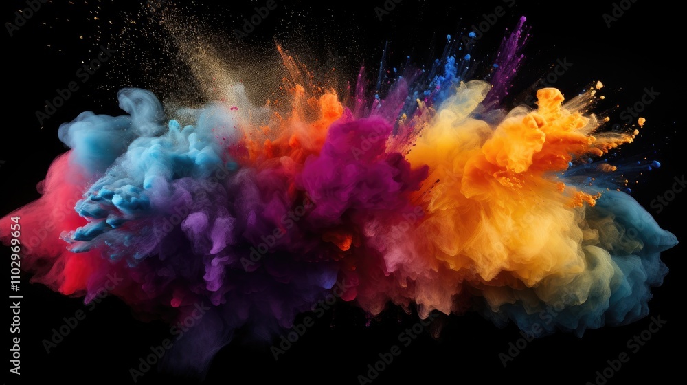 Vibrant colored powder explosion creating dynamic patterns against a dark background for artistic and creative visuals Vibrant colored powder explosion creating dynamic patterns against a dark background for artistic and creative visuals