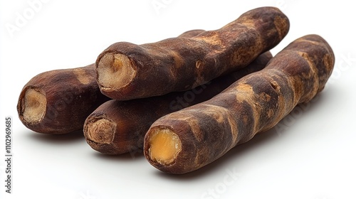 Tamarind pods arranged on a clean white background showcasing their unique texture and color for culinary or natural product themes photo