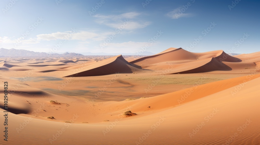 Expansive desert panorama highlighting majestic dunes in a tranquil valley against a clear blue sky Expansive desert panorama highlighting majestic dunes in a tranquil valley against a clear blue sky