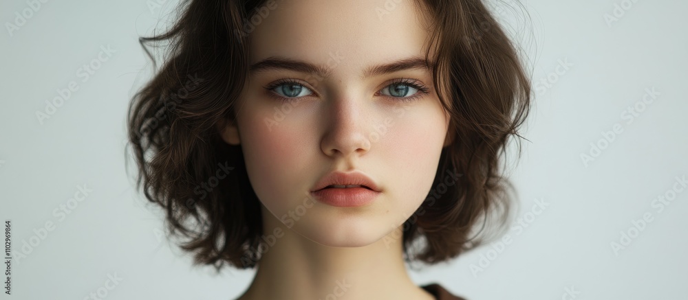 Naklejka premium Natural portrait of a young woman with expressive blue eyes and soft features against a minimalistic white background.