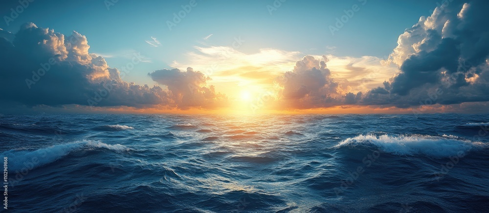 Vibrant sunset over serene ocean waves with dramatic clouds and tranquil waters reflecting the warm colors of summer evening sky. Vibrant sunset over serene ocean waves with dramatic clouds and tranquil waters reflecting the warm colors of summer evening sky.