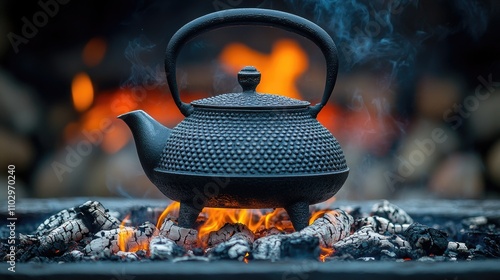 Black cast iron teapot on a firebox with glowing embers and smoke showcasing traditional heating methods and rustic charm. photo