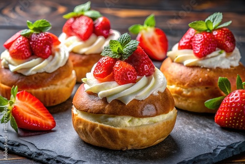 Delicious Baked Buns with Cream and Strawberries - Street Food Close-up