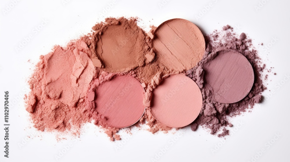Texture swatches of pink clay eye shadows and blush powders arranged on a white background highlighting natural cosmetic products Texture swatches of pink clay eye shadows and blush powders arranged on a white background highlighting natural cosmetic products