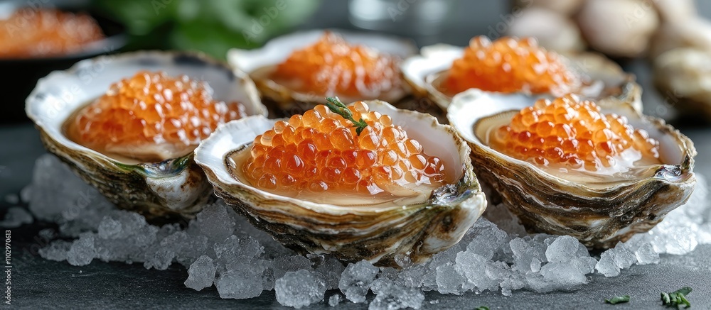 Fresh oysters topped with salmon roe served on ice with garnishes for an elegant seafood presentation Fresh oysters topped with salmon roe served on ice with garnishes for an elegant seafood presentation