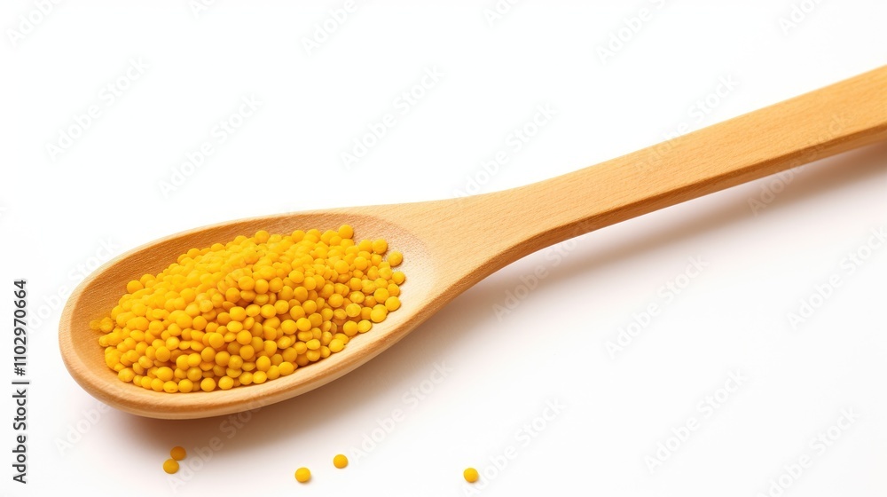 Yellow mustard seeds on a wooden ladle with a white background showcasing culinary ingredients and natural spices in food photography. Yellow mustard seeds on a wooden ladle with a white background showcasing culinary ingredients and natural spices in food photography.