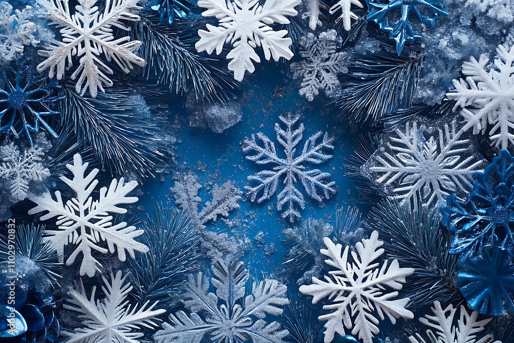 A modern abstract design featuring intricate snowflakes in blue and silver tones, creating a frosty, winter-inspired New Year theme A modern abstract design featuring intricate snowflakes in blue and silver tones, creating a frosty, winter-inspired New Year theme