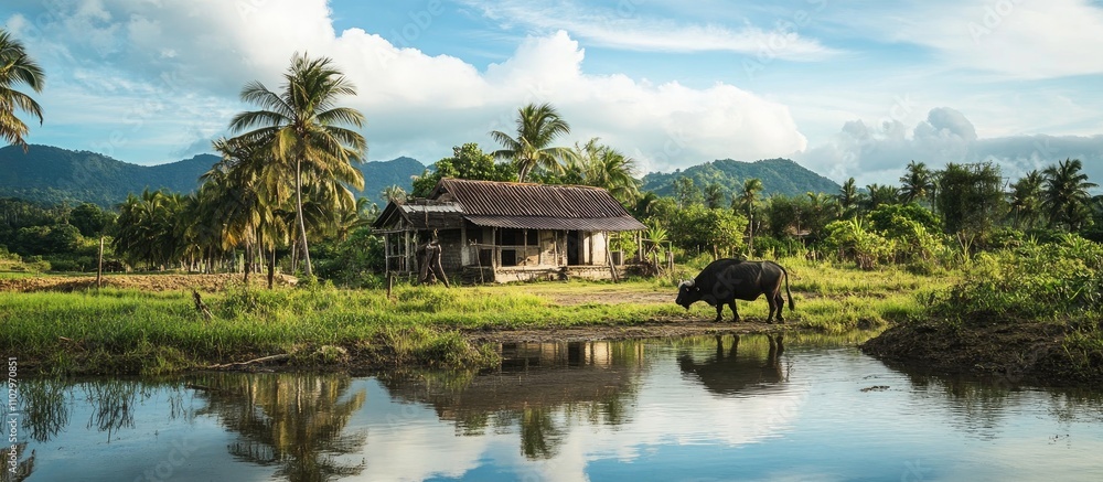 Water buffalo grazing near a traditional home surrounded by lush vegetation and mountains reflecting in the water under a blue sky Water buffalo grazing near a traditional home surrounded by lush vegetation and mountains reflecting in the water under a blue sky