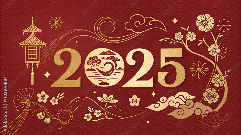 Number 2025 chinese style gold color and red background. Number 2025 chinese style gold color and red background.