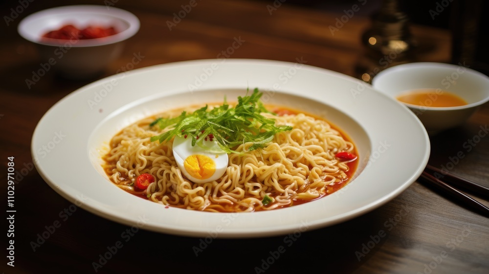 Ramen noodle soup garnished with vegetables and a boiled egg served in a white dish on a dark wooden table Ramen noodle soup garnished with vegetables and a boiled egg served in a white dish on a dark wooden table