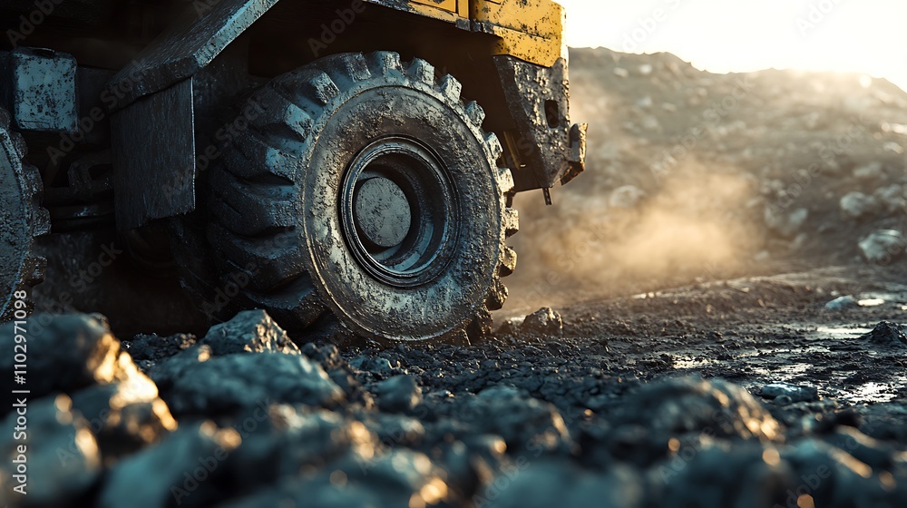 Close-up of a dump truck’s wheels crushing rocks beneath, the truck overloaded with stones, detailed view of the rugged tires and dirt, sunlight glinting off the metal frame, high contrast lighting, Close-up of a dump truck’s wheels crushing rocks beneath, the truck overloaded with stones, detailed view of the rugged tires and dirt, sunlight glinting off the metal frame, high contrast lighting,