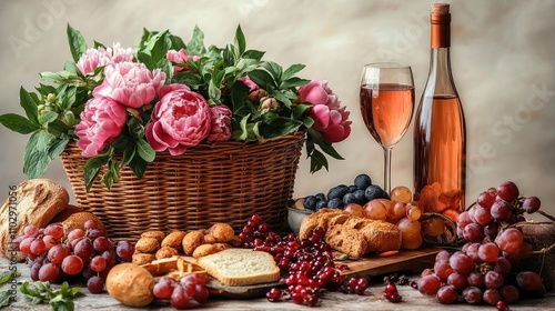 Fototapeta Naklejka Na Ścianę i Meble -  Wicker basket with peony flowers and picnic food including wine fruits and pastries on a rustic table setting for a delightful outdoor experience