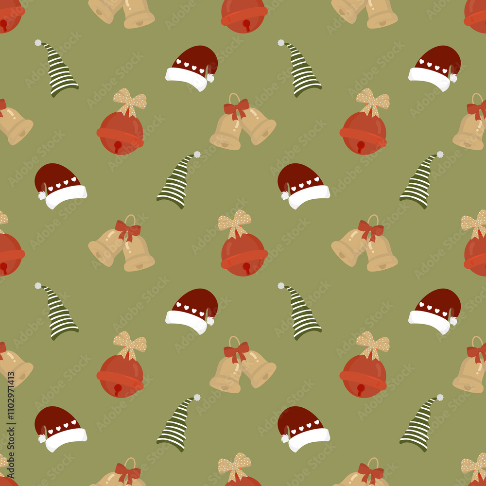 Fototapeta premium Vintage Color Christmas Seamless Patterns with Christmas bells and Santa hat