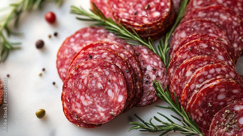 Slices of flavorful salami decorated with fresh rosemary on a marble surface ideal for culinary and gourmet food presentations Slices of flavorful salami decorated with fresh rosemary on a marble surface ideal for culinary and gourmet food presentations