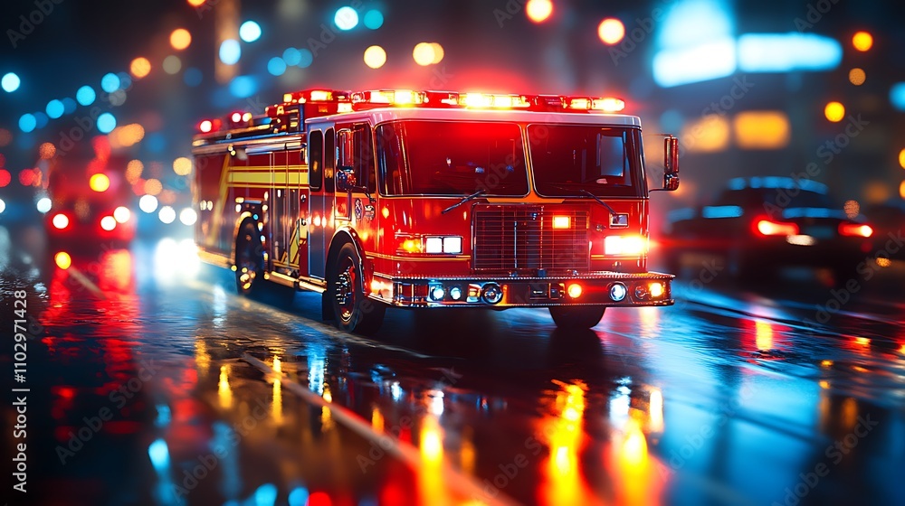 Close-up of a firetruck’s flashing lights, sirens blaring as it races through traffic, blurred city background, intense reflections, vibrant red and blue lighting effects, Close-up of a firetruck’s flashing lights, sirens blaring as it races through traffic, blurred city background, intense reflections, vibrant red and blue lighting effects,