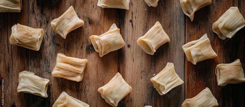 Colorful tamales neatly arranged on a rustic wooden table showcasing traditional Mexican cuisine and culinary heritage. Colorful tamales neatly arranged on a rustic wooden table showcasing traditional Mexican cuisine and culinary heritage.