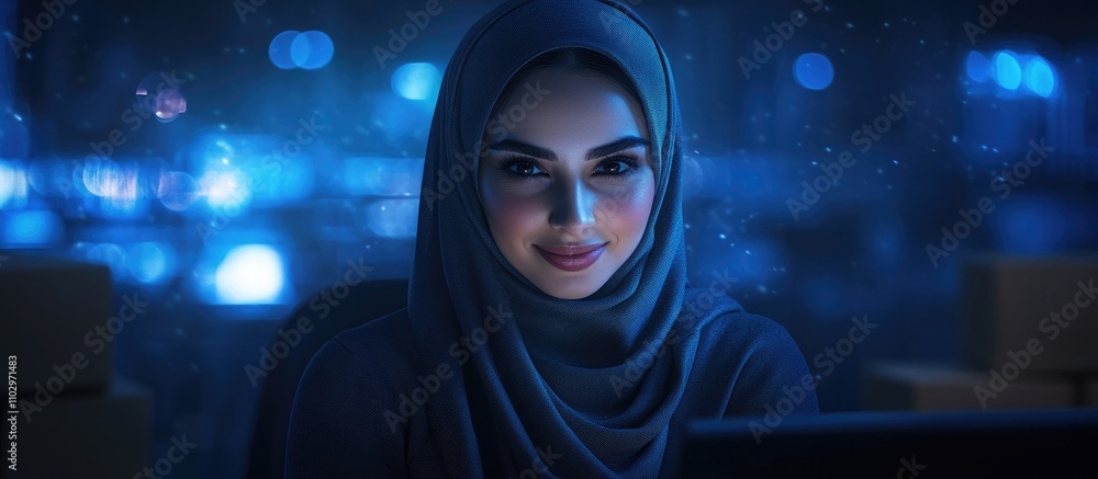 Smiling young woman in gray hijab working at a desk with boxes representing entrepreneurship and diversity in small business ideas. Smiling young woman in gray hijab working at a desk with boxes representing entrepreneurship and diversity in small business ideas.