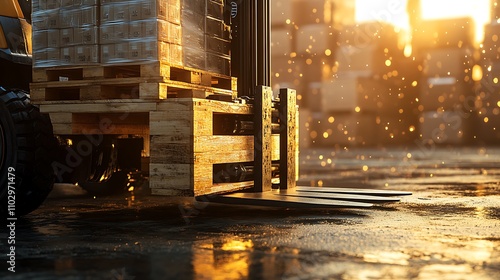 Close-up of a forklift’s forks lifting a wooden pallet loaded with heavy boxes, detailed view of the metal parts and hydraulic components, sunlight glinting off the machinery, realistic textures,